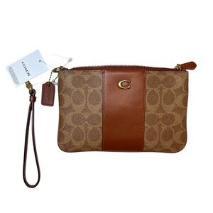 Coach Signature Canvas Wristlet Clutch Tan Caramel Brown with Gold Hardware New